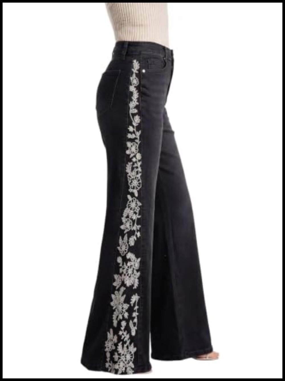 High Waist Embroidery Flare Leg Stretch Denim Pants